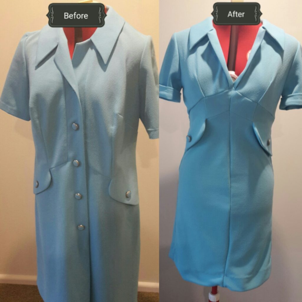 Before and after pictures of upcycled crimplene blue dress. 